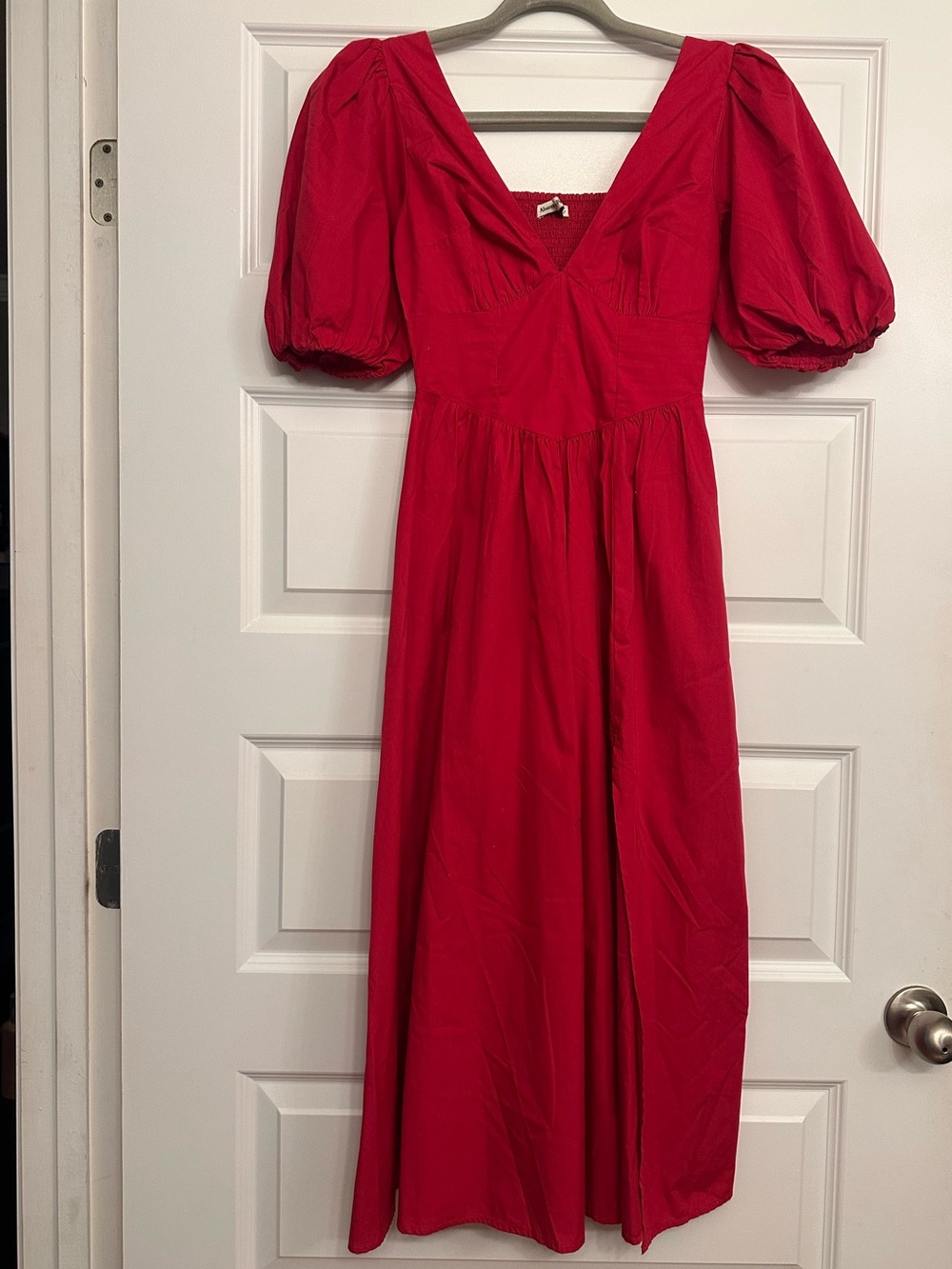 Abercrombie & Fitch Red Puff-Sleeve V-Neck Midi Dress